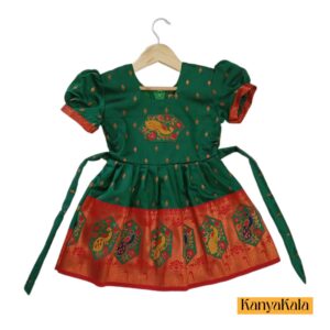 Girls Premium Green Paithani Frock with Peacock Boarder and Patch